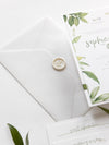 Modern Calligraphy Invitation  3 Tier Folder Pocket Suite with Vellum Parchment Envelope and Pearl Wax Seal with ribbed ribbon