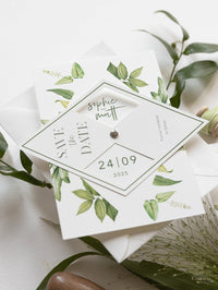 Interactive ↻ Pivot Save the Date Card Diamond in Modern Calligraphy Boho