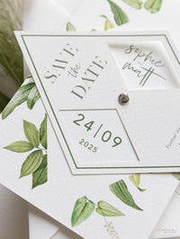 Interattivo ↻ Pivot Save the Date Card Diamond in moderna calligrafia Boho