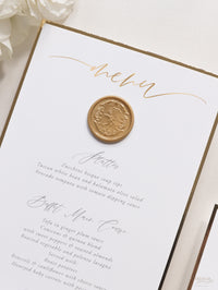 Bespoke Wax Seal Menu Cupid Amore with Gold Foil Trim