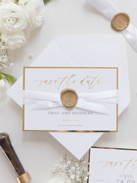 Luxury Wax Seal Save the Date Cupid's Bow Gold Foil Trim and Satin Ribbon