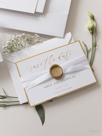 Luxury Wax Seal Save the Date Cupid's Bow Gold Foil Trim and Satin Ribbon