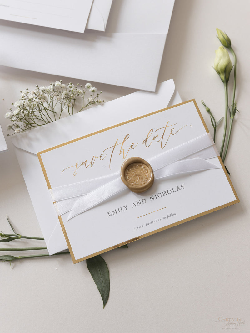 Gold Wax Seal Calligraphy Style Save the Date with Luxury Gold Foil Trim