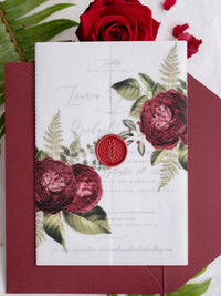 Modern Calligraphy Vellum Parchment Sleeve Invitation with Deep Red Floral Accents and Bordeaux Wax Seal