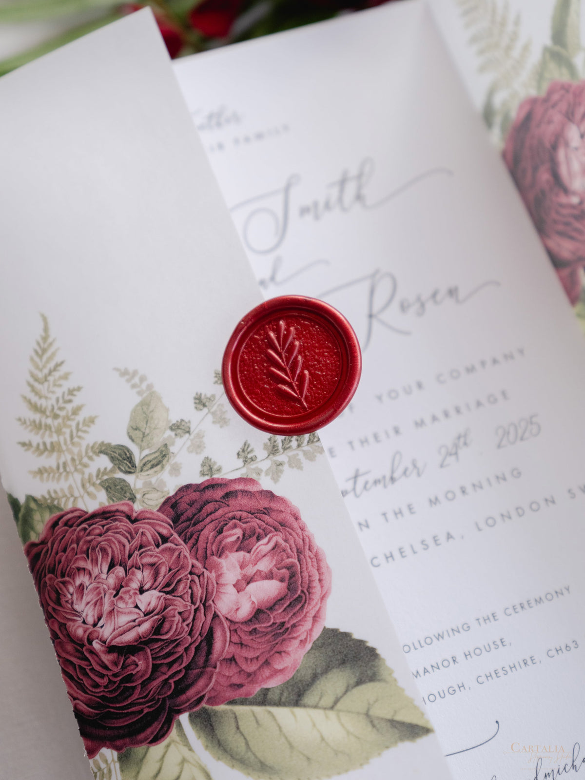 Modern Calligraphy Vellum Parchment Sleeve Invitation with Deep Red Floral Accents and Bordeaux Wax Seal