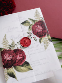 Modern Calligraphy Vellum Parchment Sleeve Invitation with Deep Red Floral Accents and Bordeaux Wax Seal