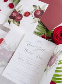 Modern Calligraphy Vellum Parchment Sleeve Invitation with Deep Red Floral Accents and Bordeaux Wax Seal