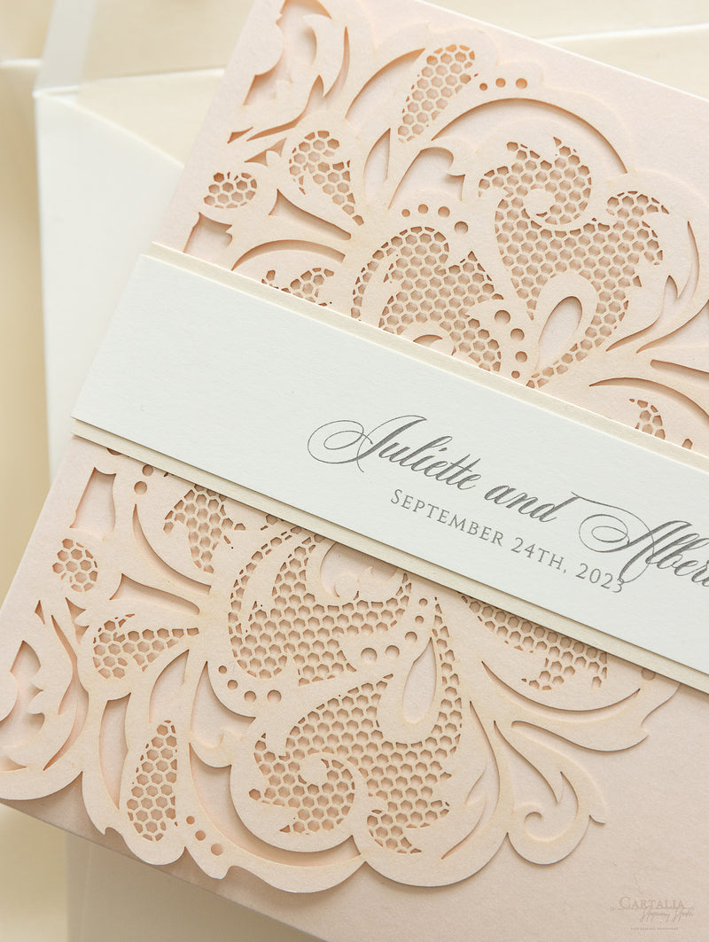 Luxury Blush Opulence Laser Cut Lace Pocketfold Wedding Invitation Suite with 3 Tier :  Guest Info & Travel & Rsvp Card
