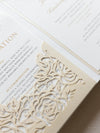 Tasca di lusso a 4 inserti con monogramma in lamina d'oro in rilievo e suite con piega tascabile tagliata al laser