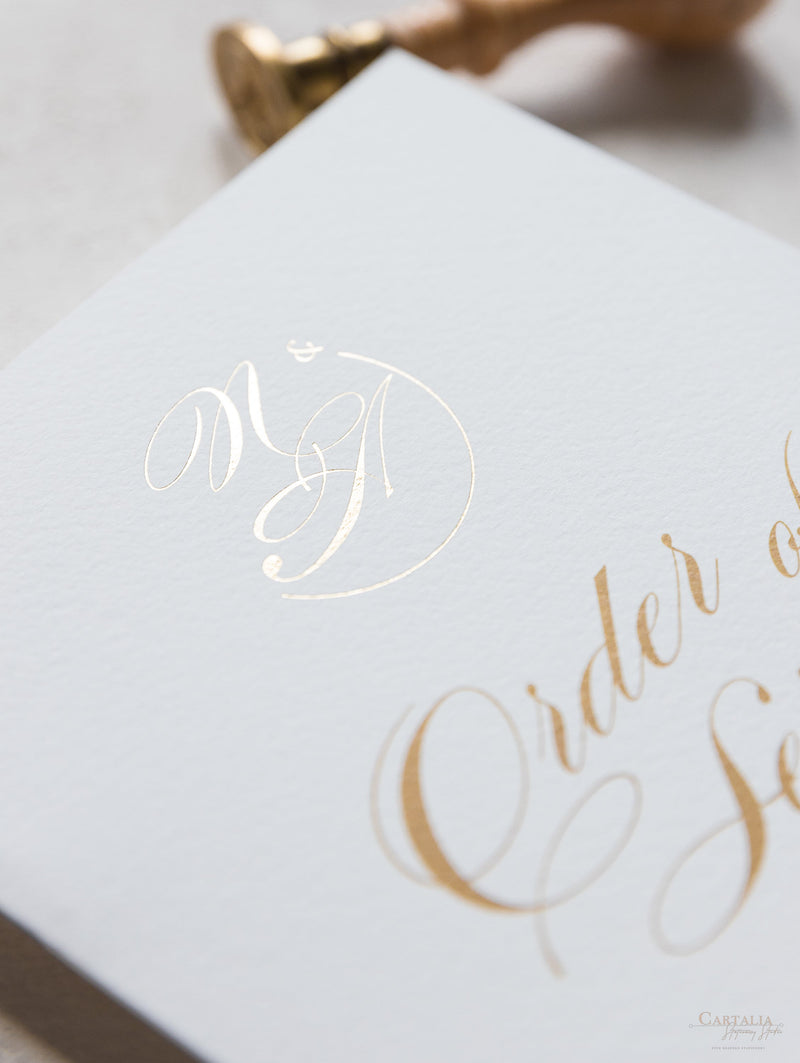 Luxury Classic Order Of Service Booklet With Gold Foil Monogram – Cartalia