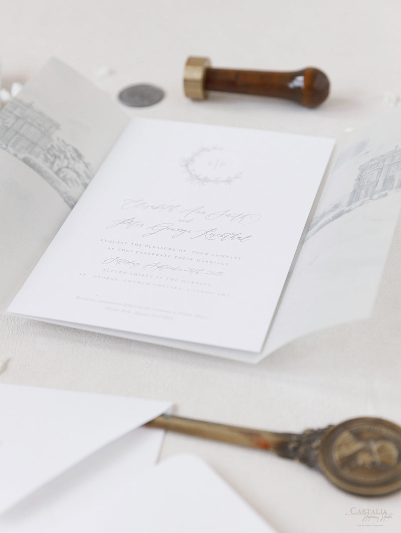 Modern Calligraphy Invitation 3 Tier Folder Pocket Suite with Vellum  Parchment Envelope and Pearl Wax Seal with ribbed ribbon