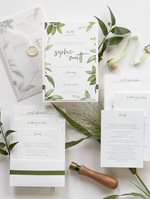 Modern Calligraphy Invitation  3 Tier Folder Pocket Suite with Vellum Parchment Envelope and Pearl Wax Seal with ribbed ribbon