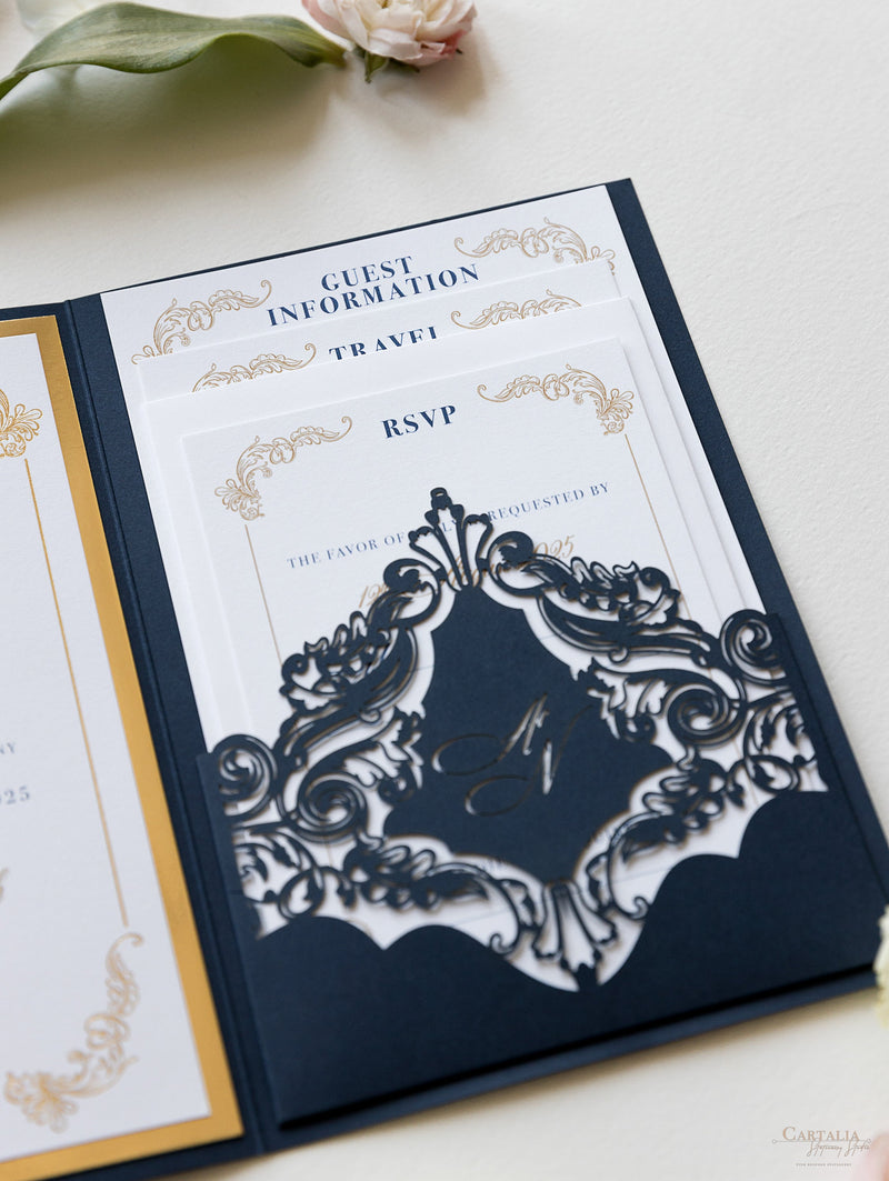 Luxury Navy & Gold Classic Pocket Suite with Gold Foil and Wedding with 3 inserts Tri Fold