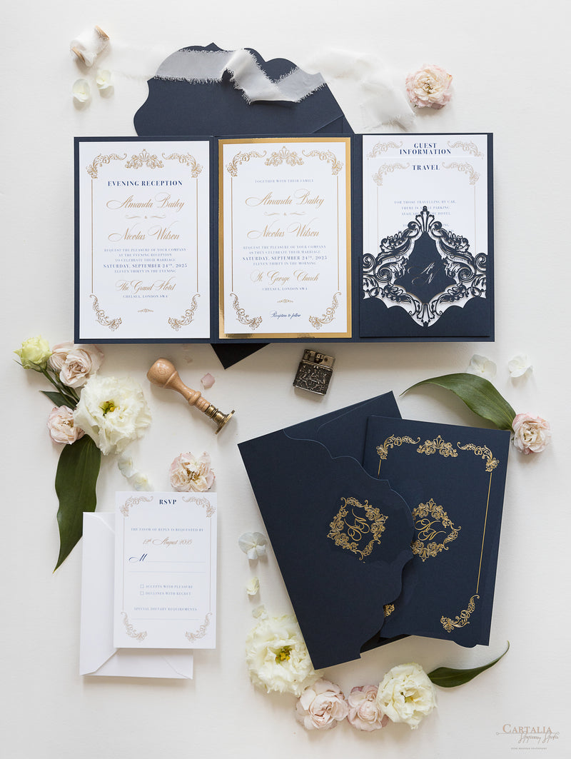 Luxury Navy & Gold Classic Pocket Suite with Gold Foil and Wedding with 3 inserts Tri Fold