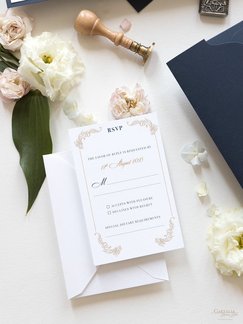 Luxury Navy & Gold Classic Pocket Suite with Gold Foil and Wedding with 3 inserts Tri Fold