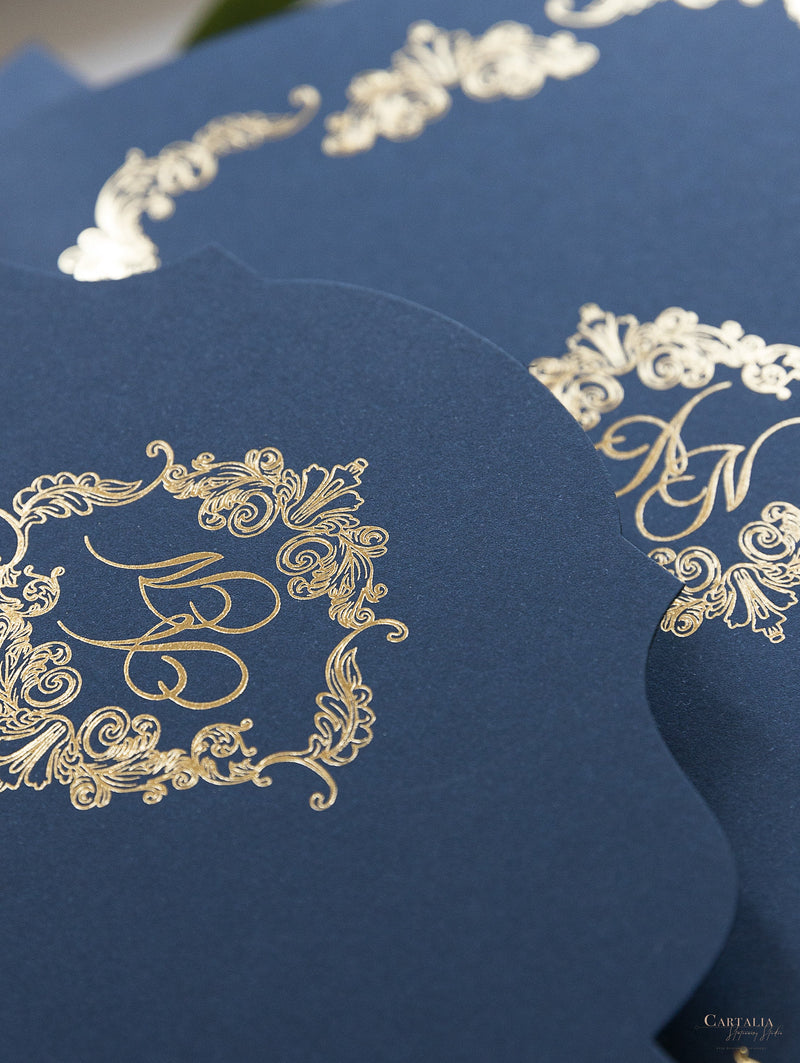 Luxury Navy & Gold Classic Pocket Suite with Gold Foil and Wedding with 3 inserts Tri Fold