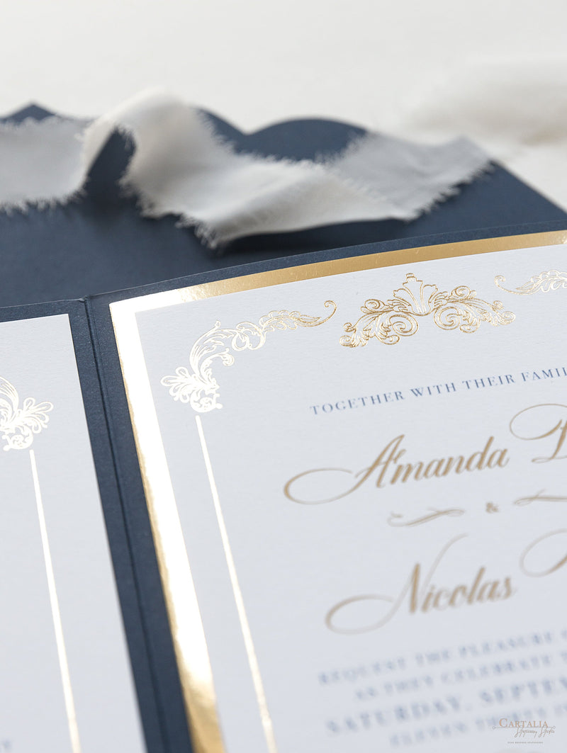 Luxury Navy & Gold Classic Pocket Suite with Gold Foil and Wedding with 3 inserts Tri Fold