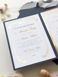 Suite tascabile classica di lusso blu scuro e oro con lamina d'oro e matrimonio con 3 inserti ripiegabili