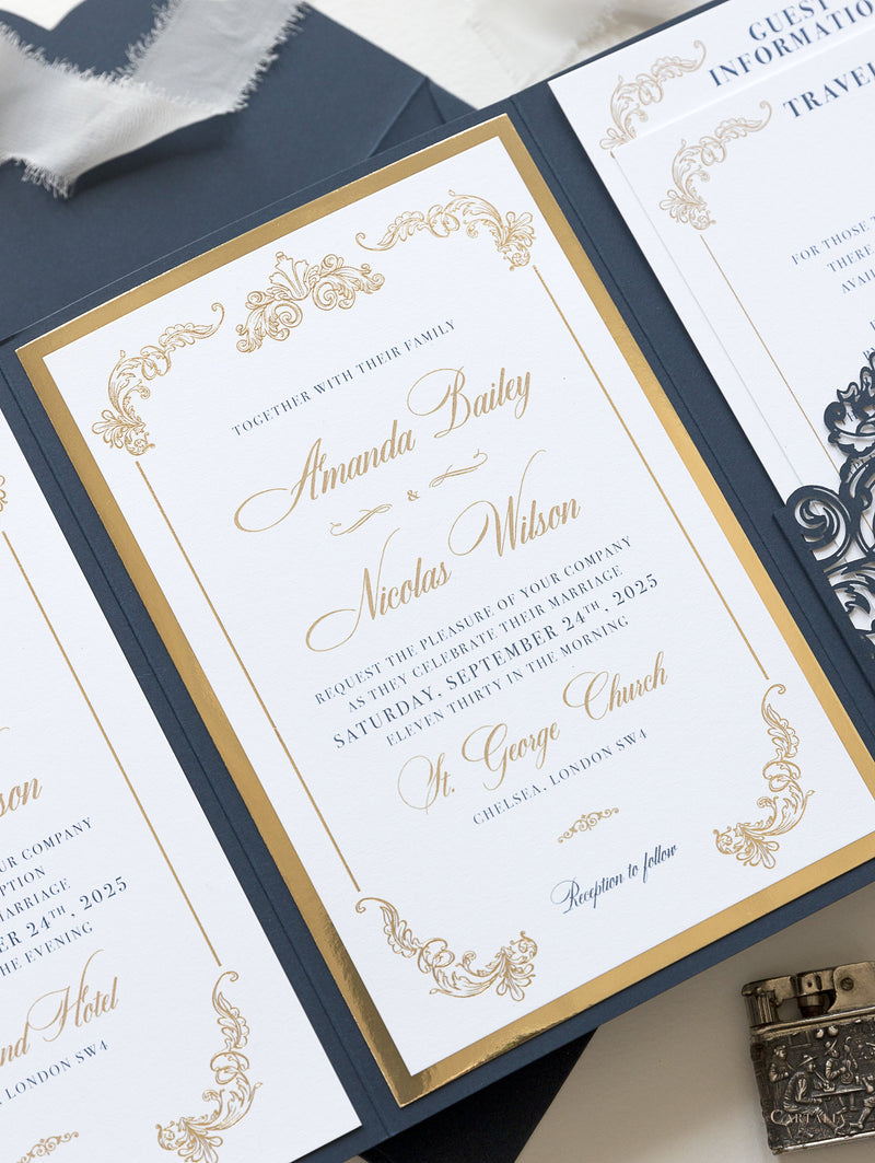 Luxury Navy & Gold Classic Pocket Suite with Gold Foil and Wedding with 3 inserts Tri Fold