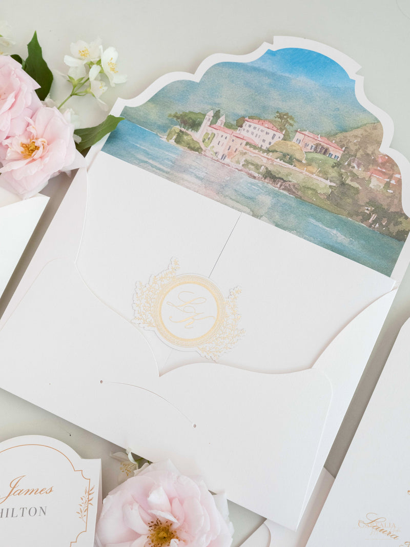 Villa del Balbianello Luxury Wedding Invitation Suite | Pocketstyle Folio with Watercolour Venue and Gold Foil |  Lake Como Wedding