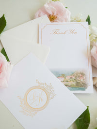 Biglietti di ringraziamento acquerellati su misura con monogramma in lamina d'oro | Villa del Balbianello, Matrimonio sul Lago di Como