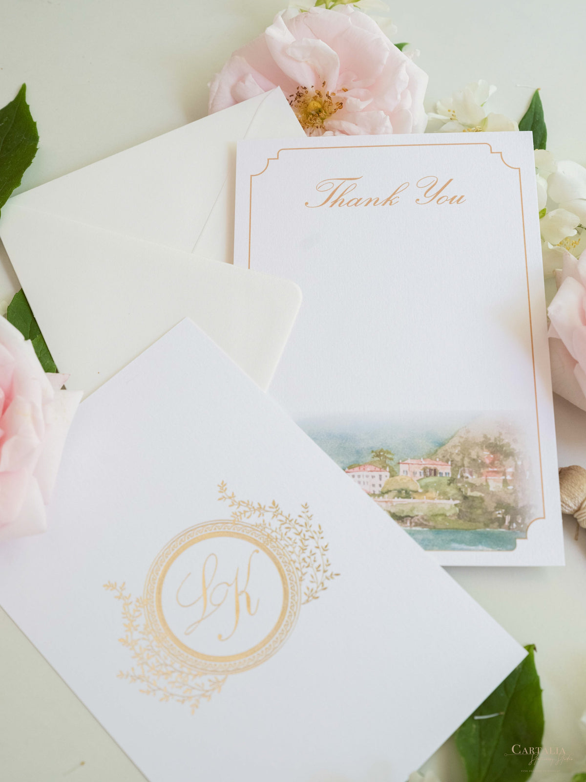 Bespoke Watercolour Thank You Cards with Gold Foil Monogram | Villa del Balbianello, Lake Como Wedding