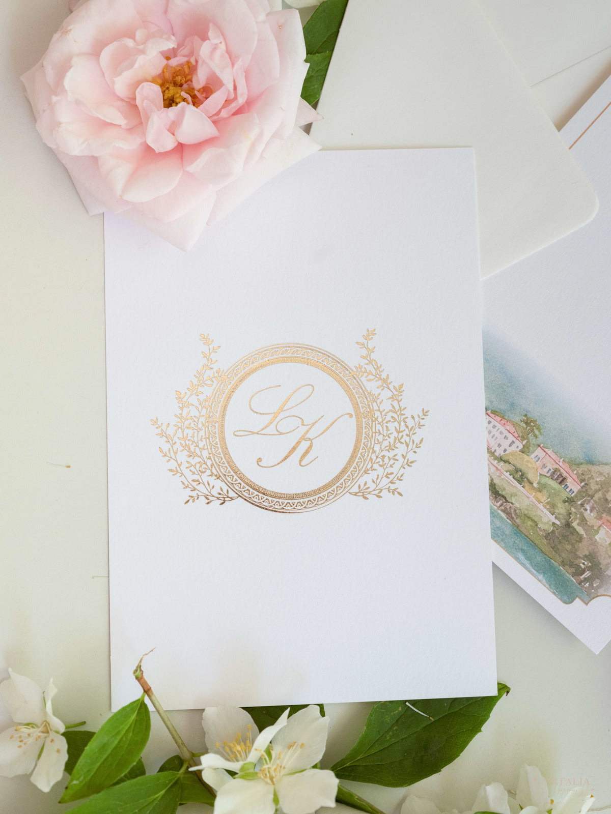 Aquarement sur mesure cartes de remerciement avec monogramme en feuille d'or | Villa del Balbianello, mariage du lac Como