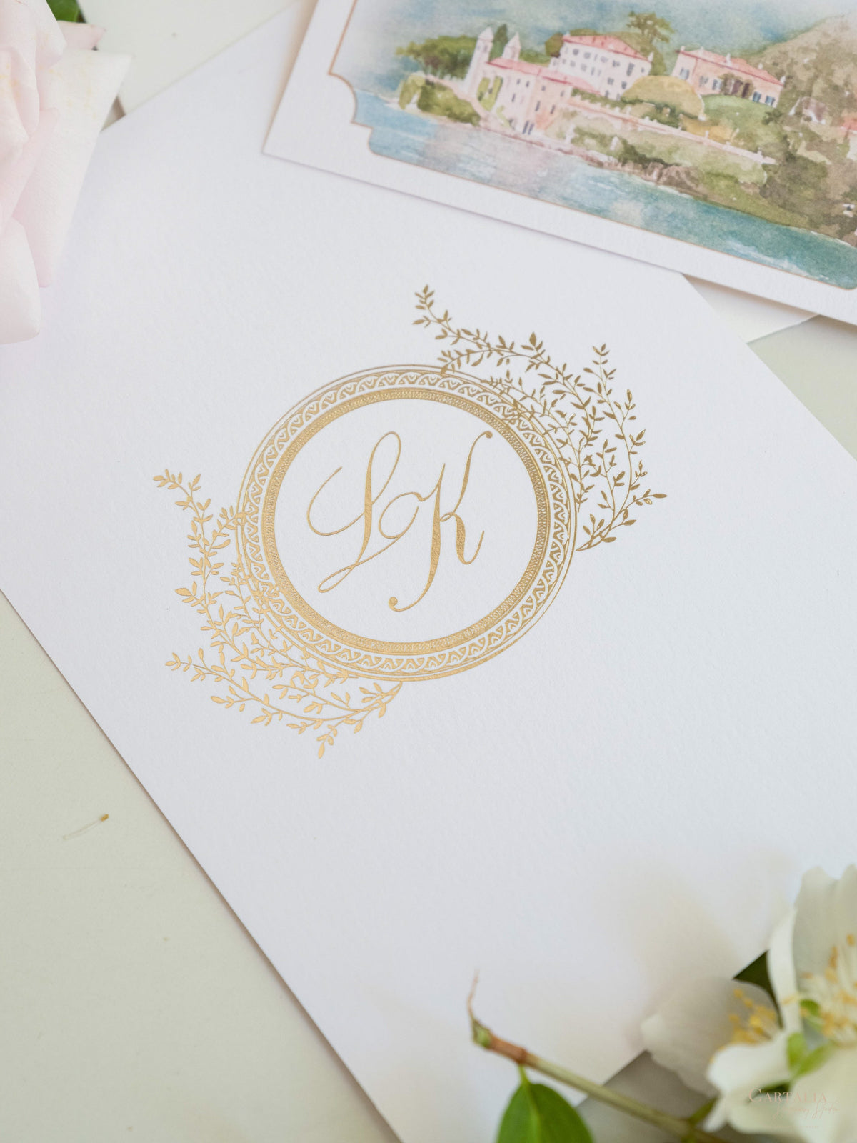 Aquarement sur mesure cartes de remerciement avec monogramme en feuille d'or | Villa del Balbianello, mariage du lac Como