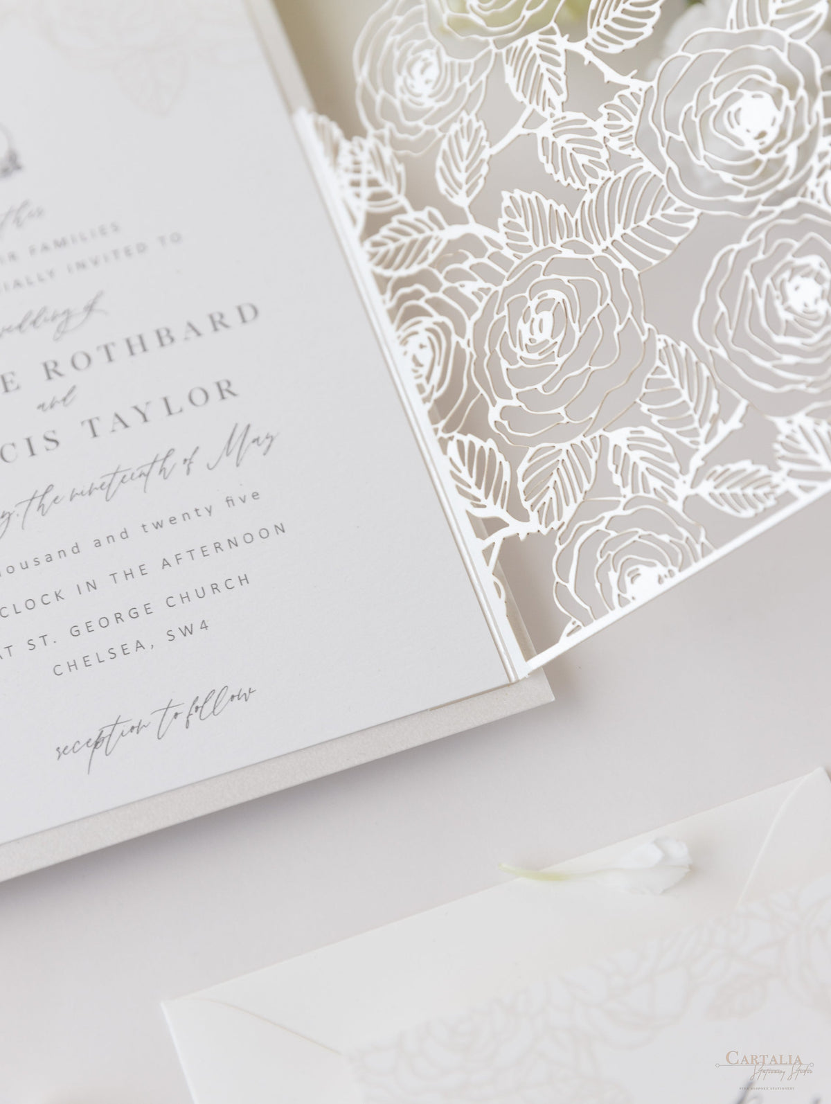 Pearl Foil Intricate Laser Cut Roses Suite with Rsvp Card