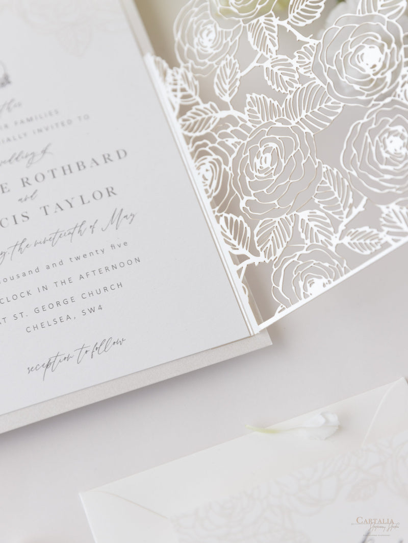Pearl Foil Intricate Laser Cut Roses Suite with Rsvp Card