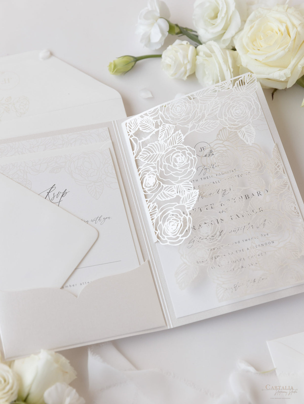Pearl Foil Intricate Laser Cut Roses Suite with RSVP Card