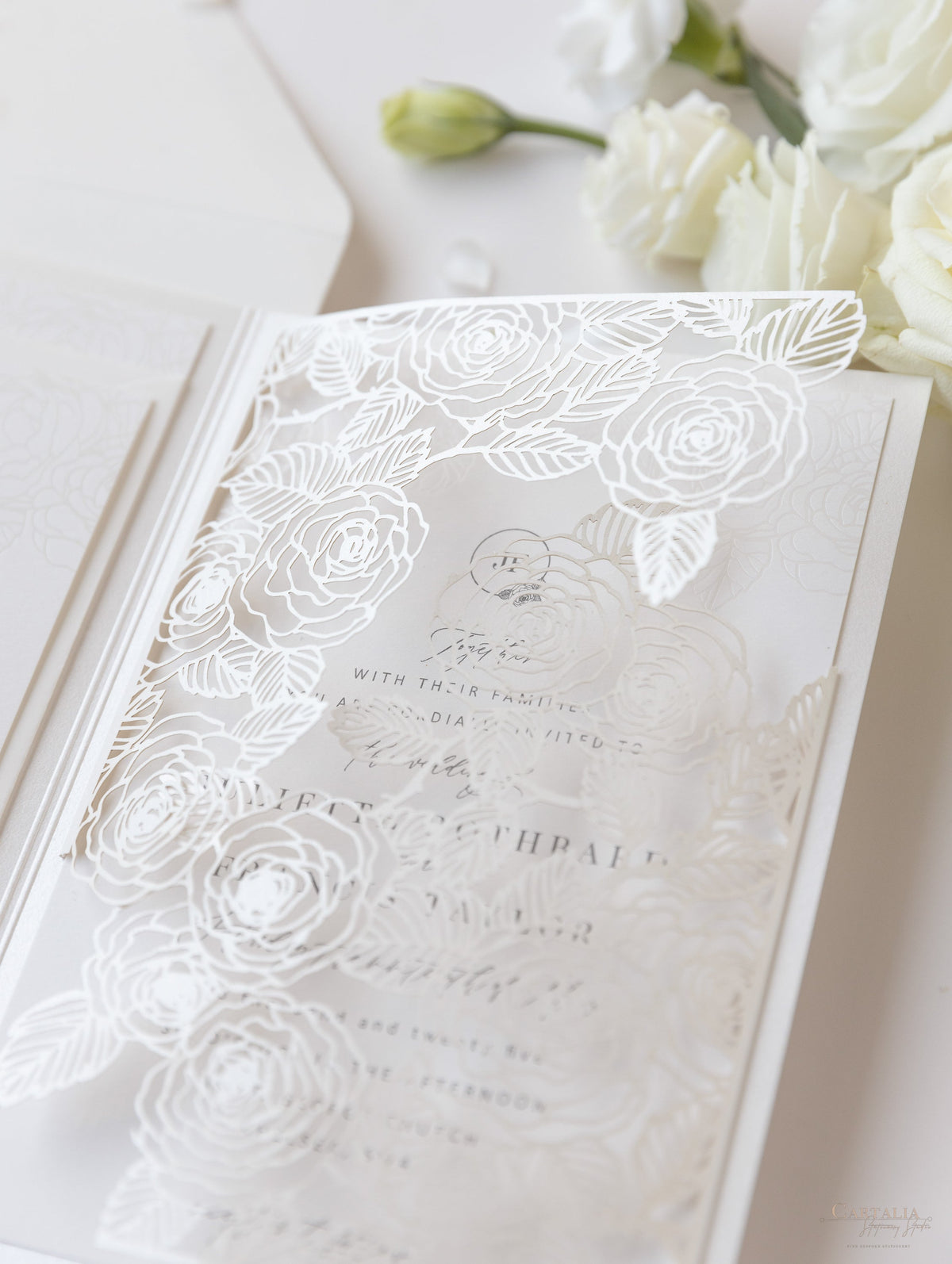 Pearl Foil Intricate Laser Cut Roses Suite with Rsvp Card