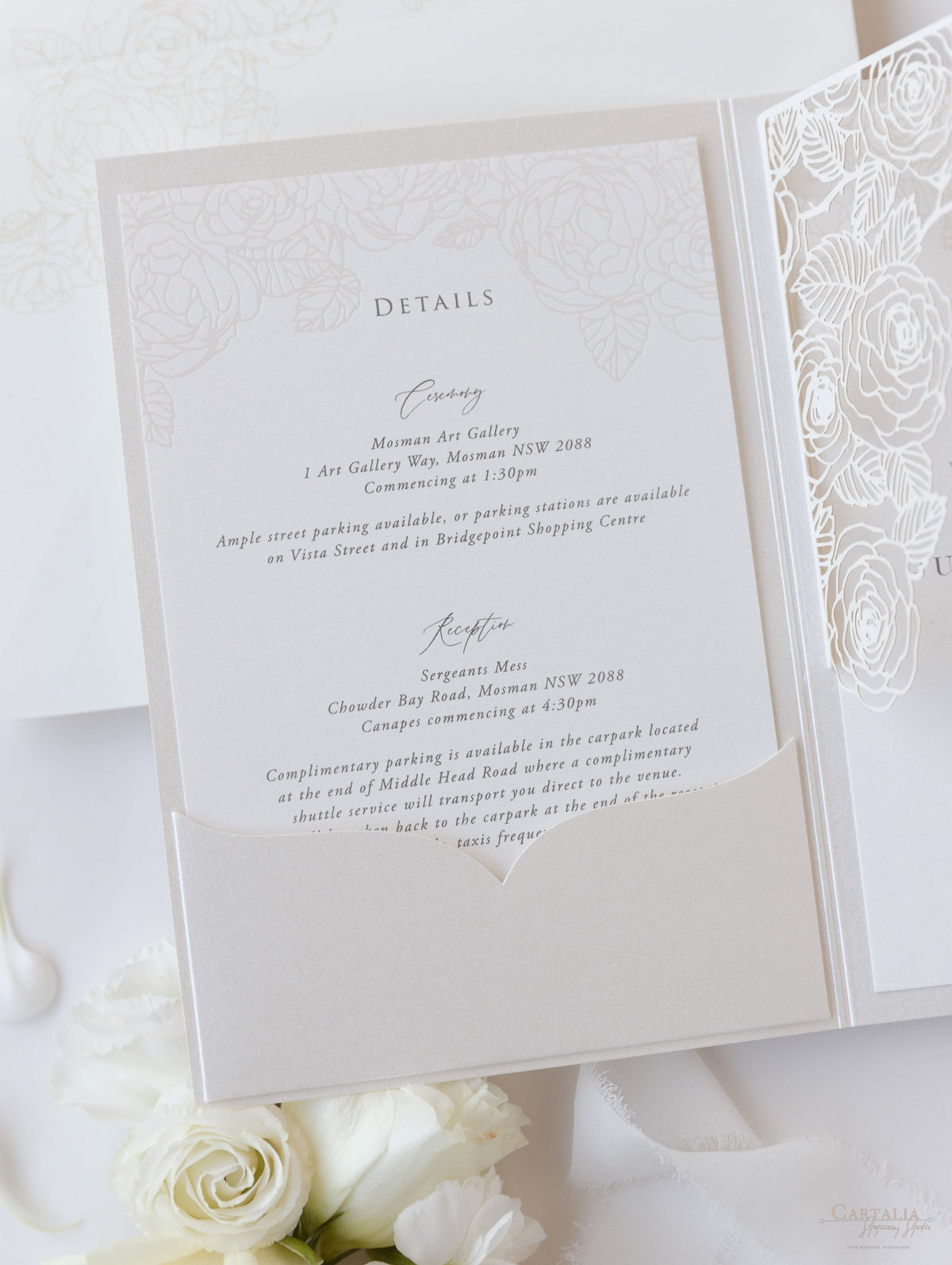 Pearl Foil Intricate Laser Cut Roses Suite with RSVP Card