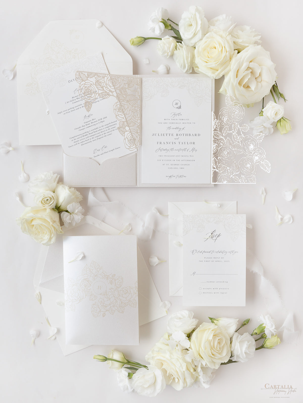 Pearl Foil Intricate Laser Cut Roses Suite with RSVP Card