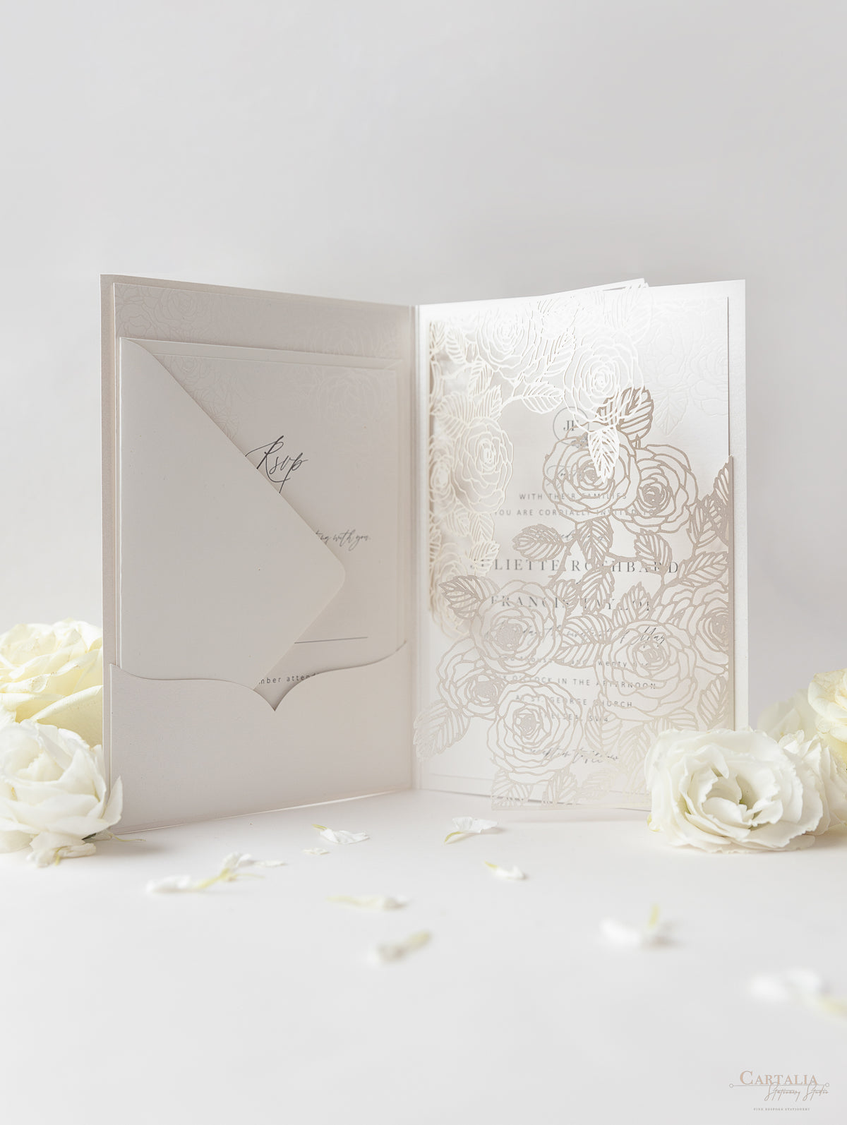 Pearl Foil Intricate Laser Cut Roses Suite with RSVP Card