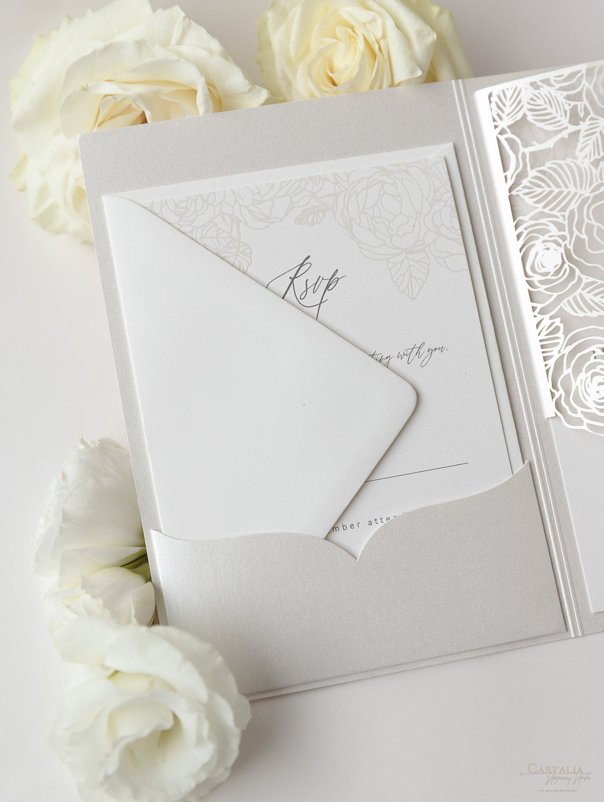 Pearl Foil Intricate Laser Cut Roses Suite with RSVP Card