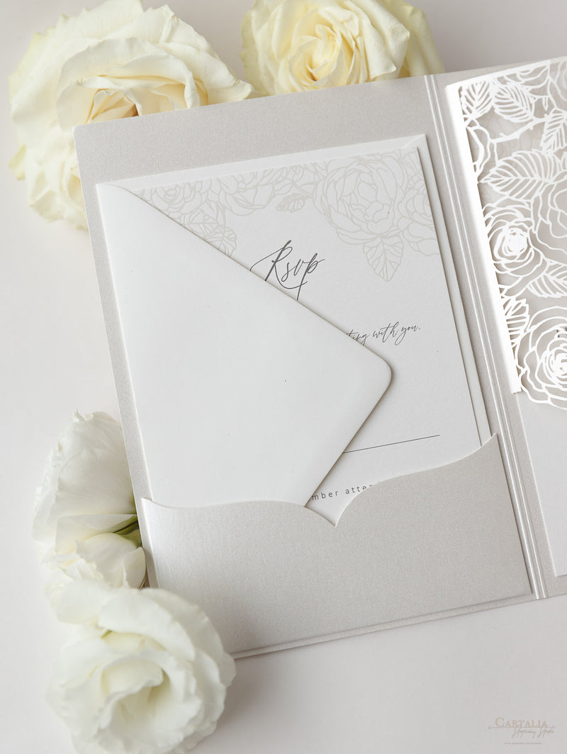 Pearl Foil Intricate Laser Cut Roses Suite with Rsvp Card
