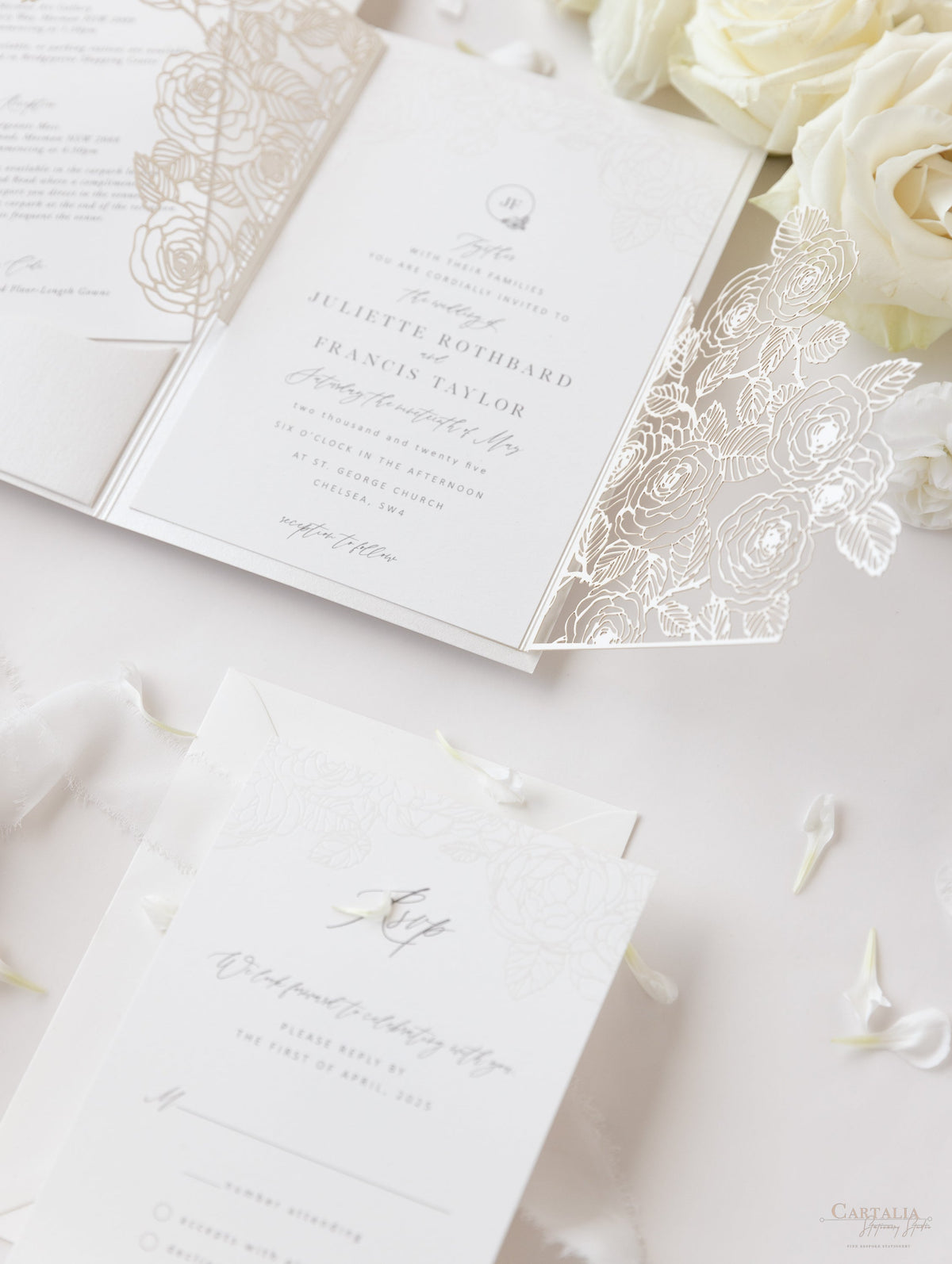 Pearl Foil Intricate Laser Cut Roses Suite with RSVP Card