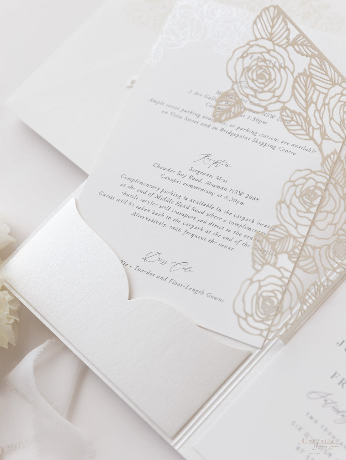 Pearl Foil Intricate Laser Cut Roses Suite with RSVP Card