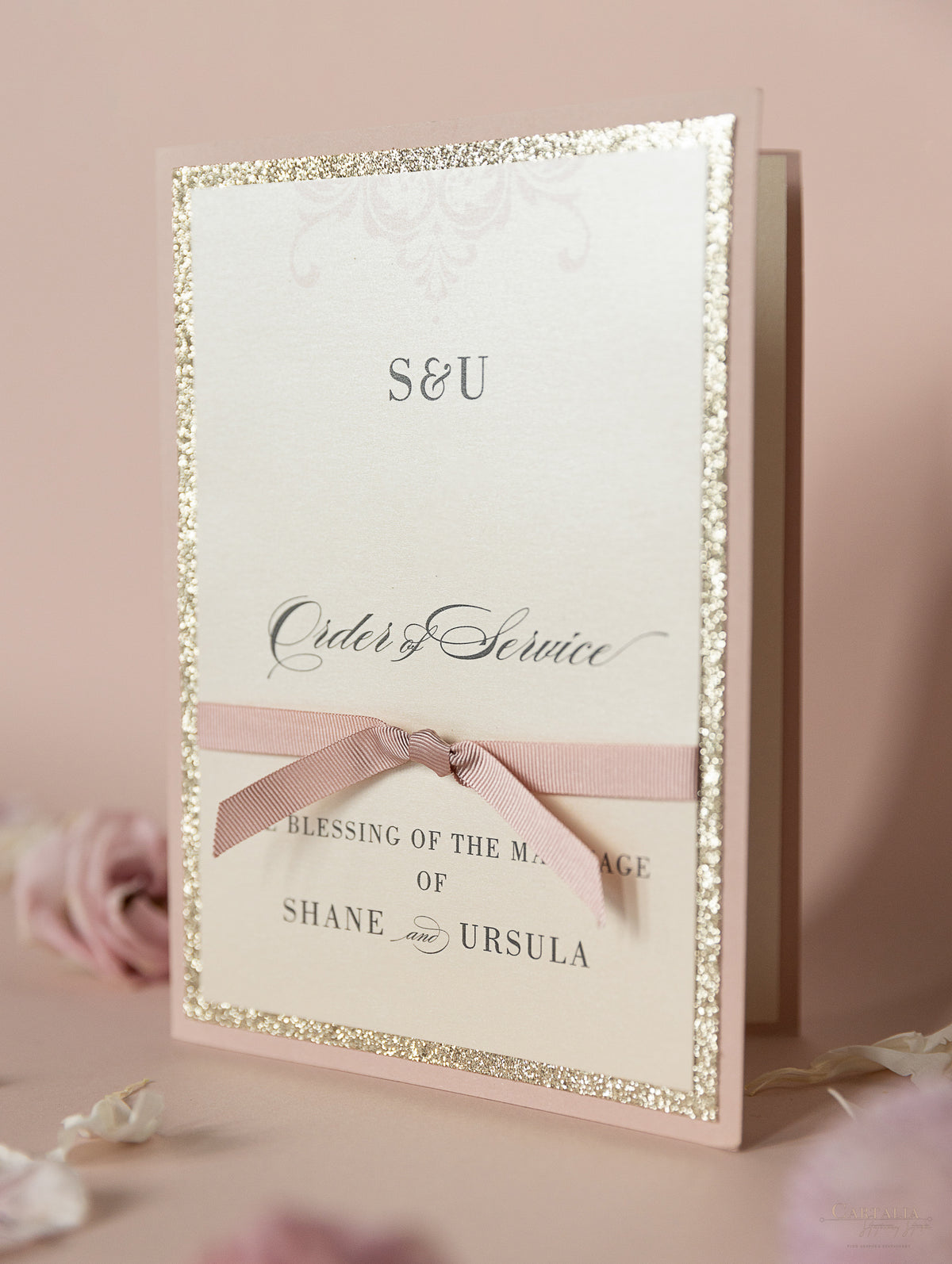 Orden de servicio Rose Pink Opulence Suite Gold Glitter con cinta