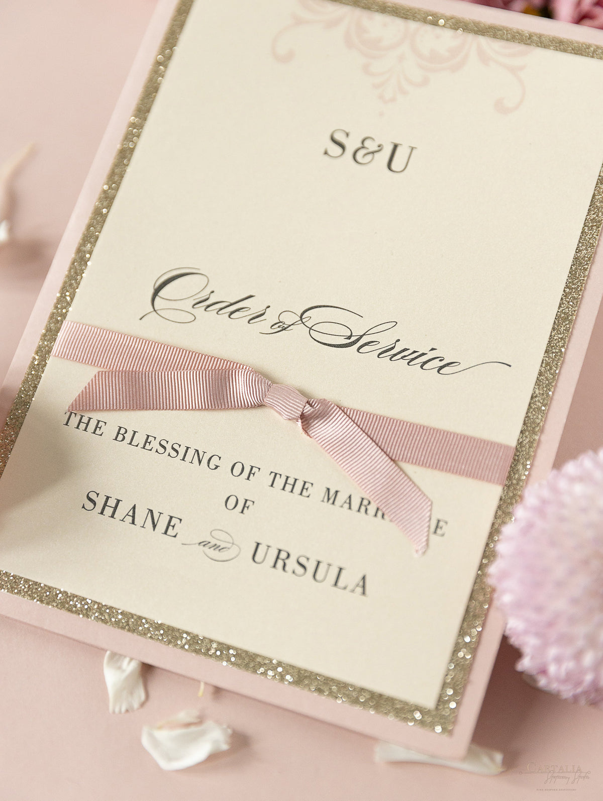 Orden de servicio Rose Pink Opulence Suite Gold Glitter con cinta