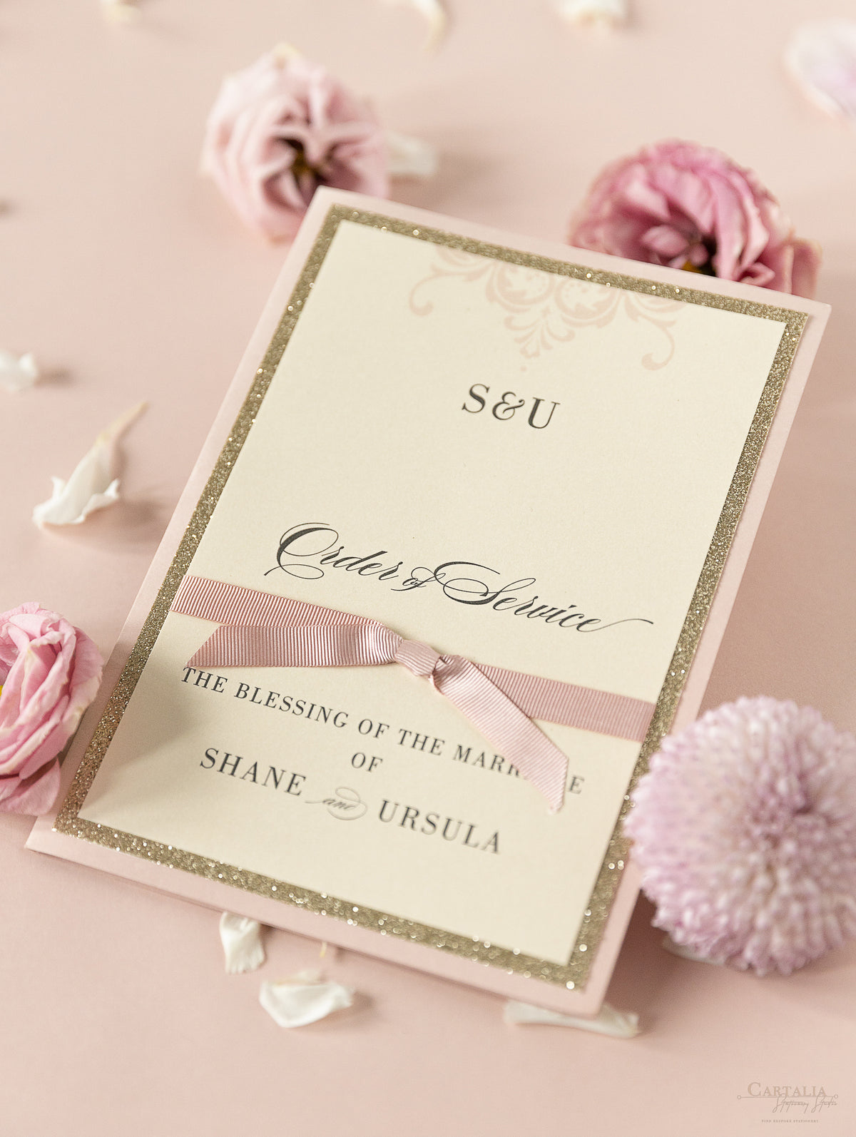 Order of Service Rose Pink Opulence Suite Gold Glitter with Ribbon