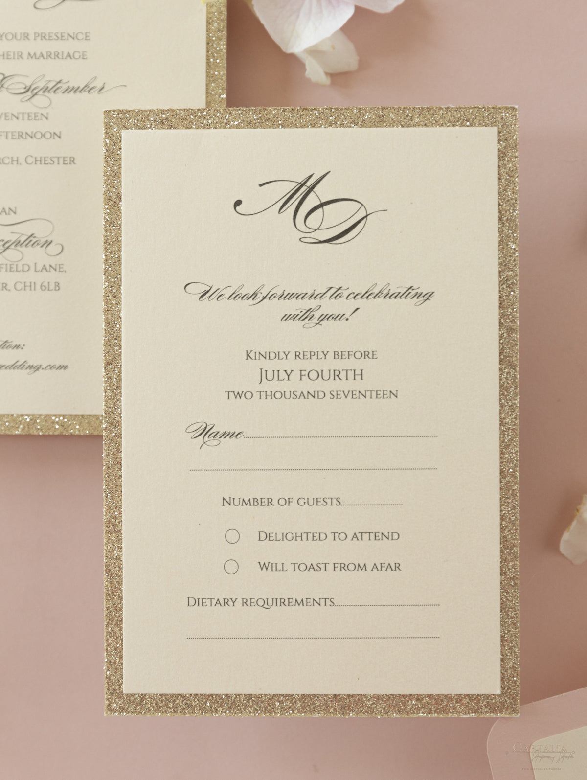 Tiered Golden Glitter Invitation with Monogram Tag and Ribbon Tie with Belly Band Suite