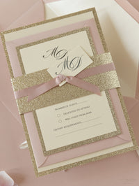 Tiered Golden Glitter Invitation with Monogram Tag and Ribbon Tie with Belly Band Suite