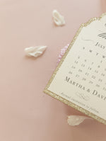 Luxurious Glitter Deckled Edge 600 gsm Calendar Style Tag with Monogram and satin ribbon Save the Date