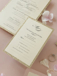 Tiered Golden Glitter Invitation with Monogram Tag and Ribbon Tie with Belly Band Suite