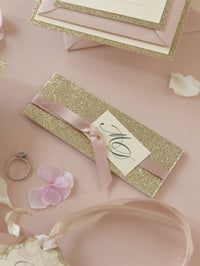 Tiered Golden Glitter Invitation with Monogram Tag and Ribbon Tie with Belly Band Suite