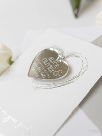 Silver Foil and Mirror Save the Date Magnet in Plexi Engraving with Card and Envelope