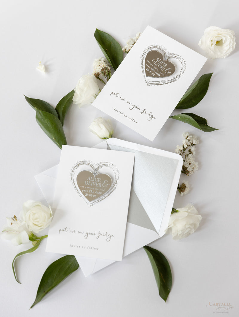 Sliver Foil and Mirror Save the Date Magnet in Plexi Engraving with Card and Envelope