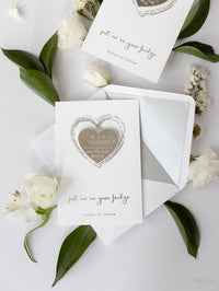 Silver Foil and Mirror Save the Date Magnet in Plexi Engraving with Card and Envelope
